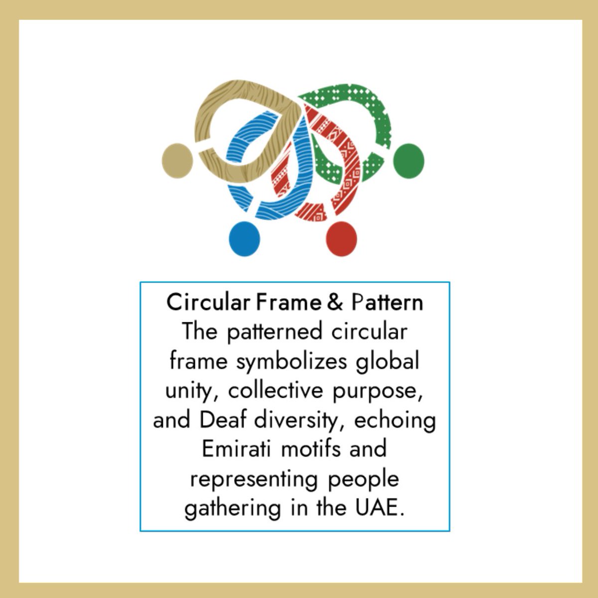 The circular frame of the #WFD2027UAE logo reflects unity, Deaf diversity &amp; Emirati heritage — welcoming the world to Abu Dhabi.
 
الإطار الدائري لشعار #WFD2027UAE يجسد الوحدة وتنوع مجتمع الصم والتراث الإماراتي — مرحباً بالعالم في أبوظبي.