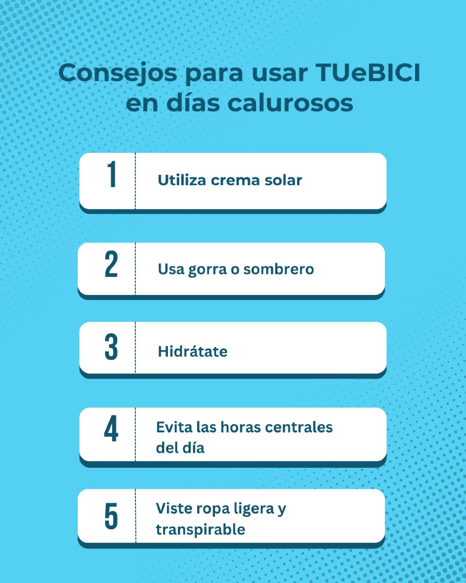 En #TUeBICI te damos unos consejos para que disfrutes de tu paseo de forma saludable. 

1️⃣Utiliza crema solar
2️⃣Usar gorra o sombrero
3️⃣Hidrátate
4️⃣Evita las horas centrales del día
5️⃣Viste ropa ligera y transpirable

¡Disfruta de un verano sano!

#santanderenbici