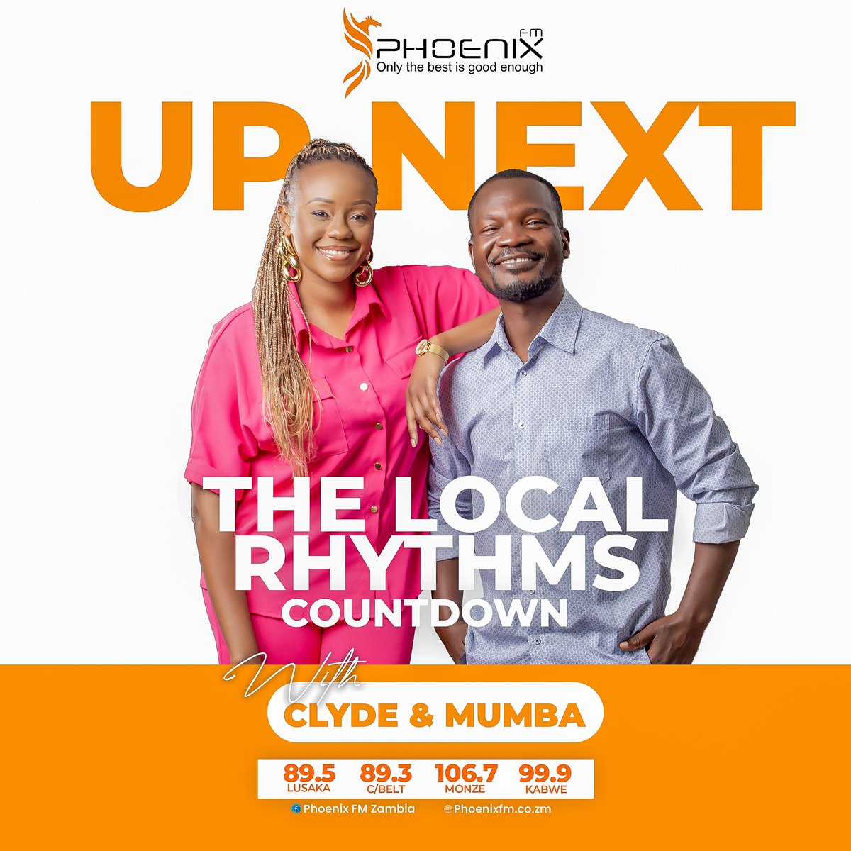 phoenixfmzambia's tweet photo. Get ready for the hottest local tracks! Clyde and Mumba's Local Rhythms Countdown is on from 6-9 pm on Phoenix 89.5 FM or stream online at https://t.co/sRel3HKpJz
#LocalRhythmsCountdown #PhoenixFM #onlythebestisgoodenough https://t.co/CPdDMFTjjf