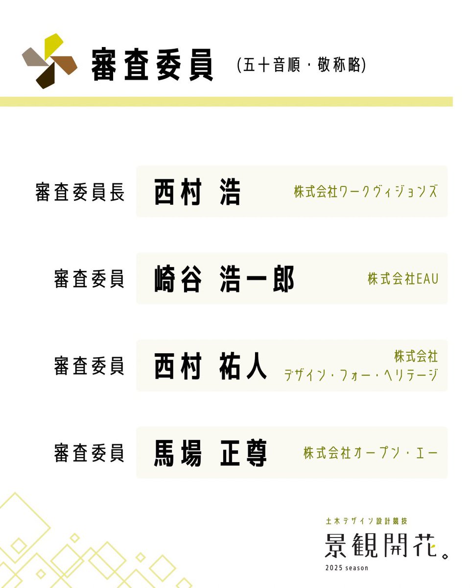 keikankaika's tweet photo. 【審査委員・審査日程決定】

「景観開花。2025」の審査委員の先生方と
一次審査・最終審査の日程が決定いたしました。

◆審査委員長
西村 浩 先生

◆審査委員
崎谷 浩一郎 先生
西村 祐人 先生
馬場 正尊 先生
----

●審査日程
11/10(月) 13:00〜 一次審査会
12/ 6(土) 13:00〜 最終審査会 https://t.co/HRnGkeN4XR