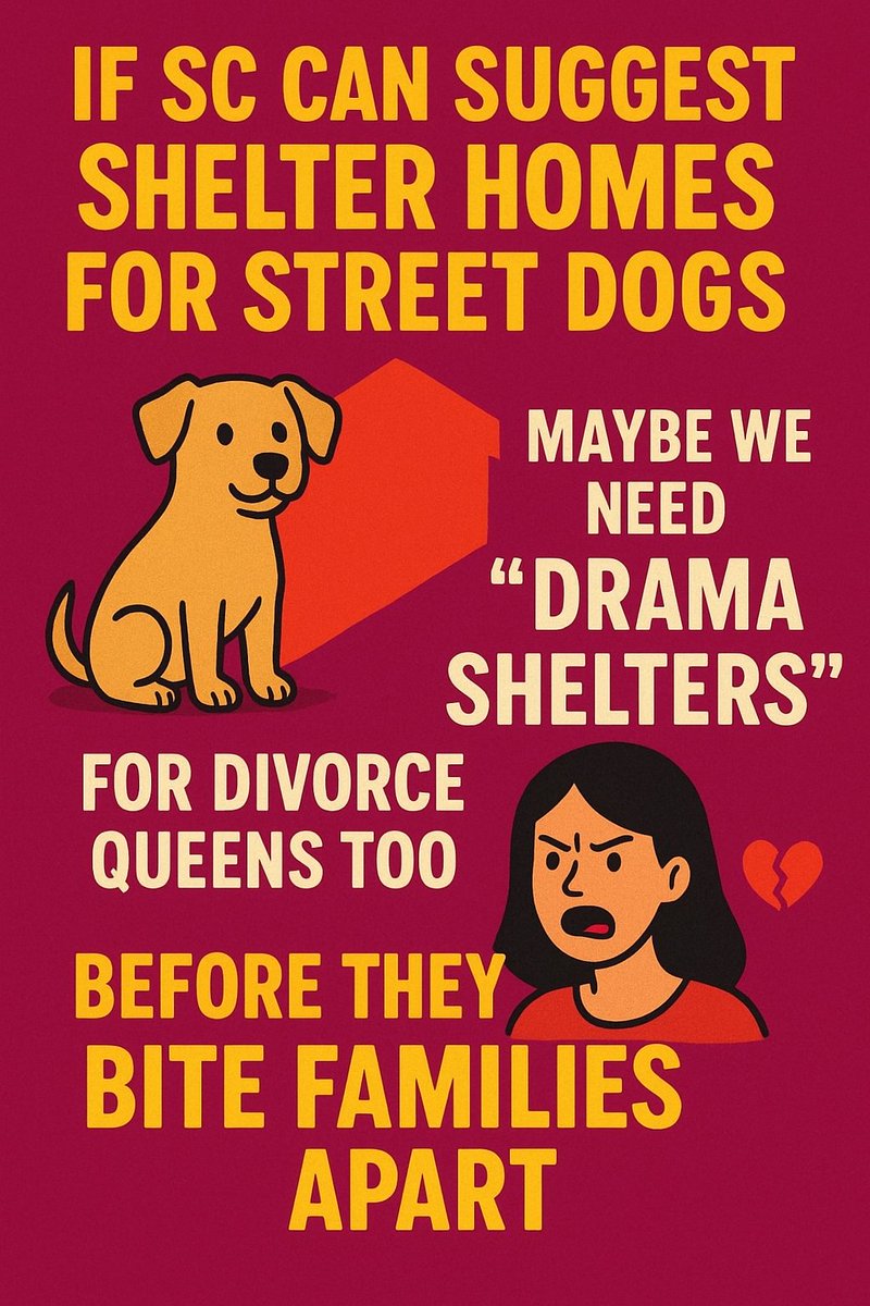 victory90148416's tweet image. If SC can suggest shelter homes for street dogs to protect society, maybe we need “drama shelters” for divorce queens too — before they bite families apart. 🐕‍🦺💔 #ParentalAlienation #LawReform