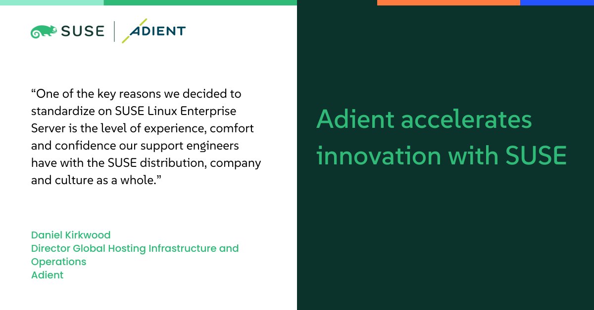 📣<a href="/Adient/">Adient</a> enhanced IT efficiency by centralizing information services &amp; standardizing on SUSE Linux Enterprise Server. With automation from SUSE Multi-Linux Manager, the company now deploys #Linux-based services 70% faster while keeping headcount steady.
🔗okt.to/rfztRq