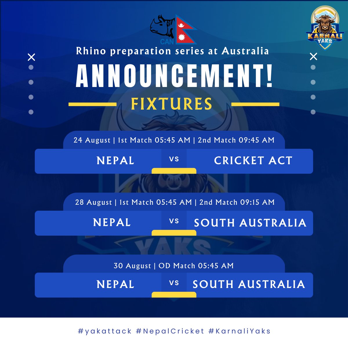From the Top End T20 straight into the Rhino Preparation Series! 
Team Nepal is set to take on Cricket ACT and South Australia in Australia this August. Exciting battles ahead as our Rhinos charge into action! 

#KarnaliYaks #YakAttack #NepalCricket #SBLNPL #NPL2025