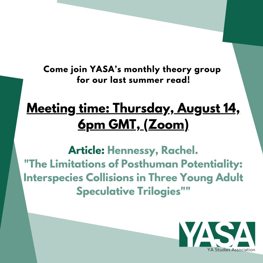 YA Studies Association (@yastudiesassoc) on Twitter photo Where did the summer go? 😅 The YASA theory reading group with be meeting today (Thursday, 14 August) at 6pm GMT to discuss posthuman potentiality in speculative YA. Hope to see you there! ☺️ Where did the summer go? 😅 The YASA theory reading group with be meeting today (Thursday, 14 August) at 6pm GMT to discuss posthuman potentiality in speculative YA. Hope to see you there! ☺️