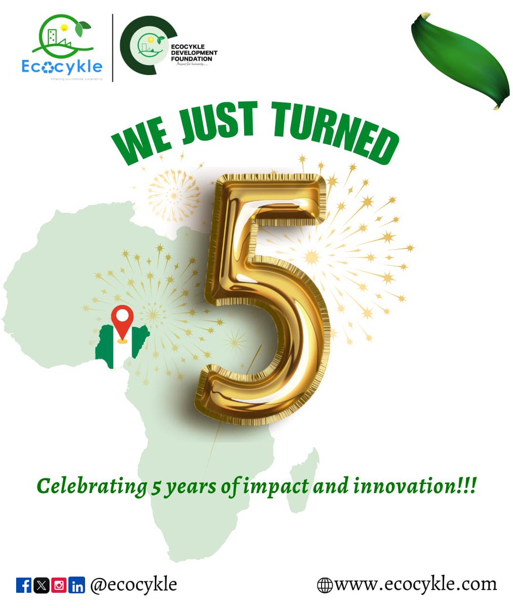 JoshuaImoikor's tweet image. Ecocykle Turns 5 Today💃

Five years. Countless ideas turned into impact.
From tackling waste to sparking climate solutions across Africa, we’ve grown, and so has our reach.

#EcocykleAt5
#5YearsOfImpact
#EcocykleImpact
#ZeroWaste
#SustainabilityInAction
#PartnershipMatters