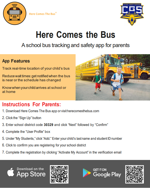 🚍📱 Introducing “Here Comes the Bus” 📱🚍

We’re excited to share our new school bus tracking and safety app for parents! 🎉

📅 We’ll be passing out hard copies of the flyer at Open Houses and Orientations — but you can get started right now!