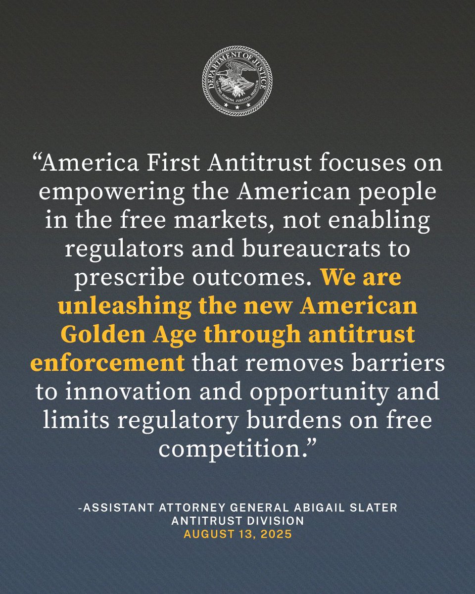 Antitrust Division (@justiceatr) on Twitter photo Statement on Revocation of Biden-Harris Executive Order on Competition
“America First Antitrust focuses on empowering the American people in the free markets, not enabling regulators and bureaucrats to prescribe outcomes,” said <a href="/AAGSlater/">Abigail Slater</a>. “We are unleashing the new American Statement on Revocation of Biden-Harris Executive Order on Competition
“America First Antitrust focuses on empowering the American people in the free markets, not enabling regulators and bureaucrats to prescribe outcomes,” said <a href="/AAGSlater/">Abigail Slater</a>. “We are unleashing the new American