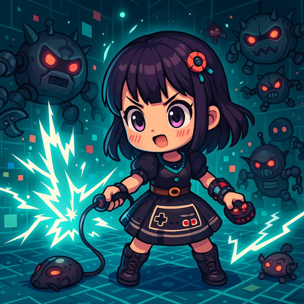 GonyeaKand37781's tweet image. Girl wields a wired computer mouse as a weapon to fend off rogue modern gaming robots! 🖱️🤖 #TechHero #GamingRebellion