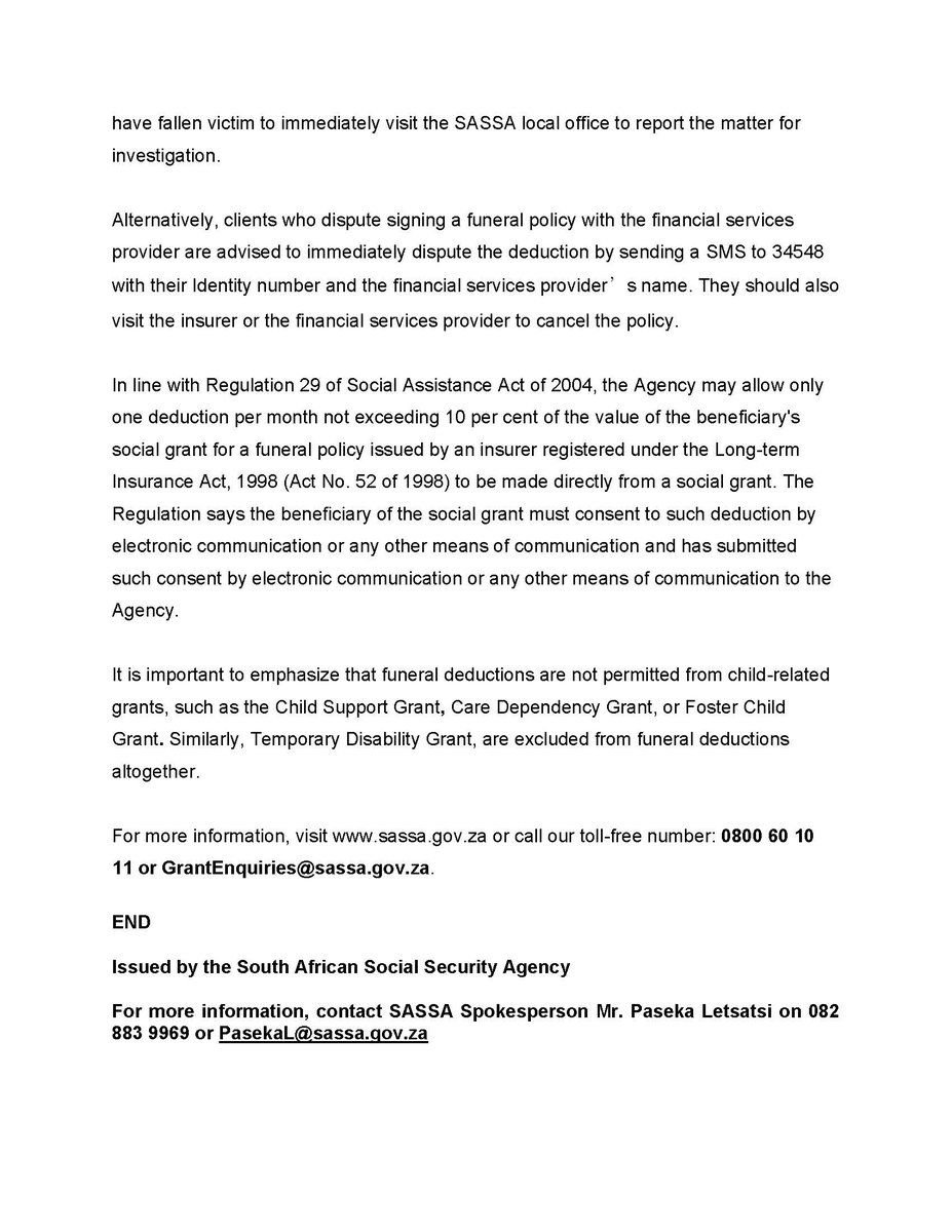 [MEDIA STATEMENT]

SASSA CONCERNED ABOUT COMPLAINTS OF UNLAWFUL DEDUCTIONS ON SOCIAL GRANTS