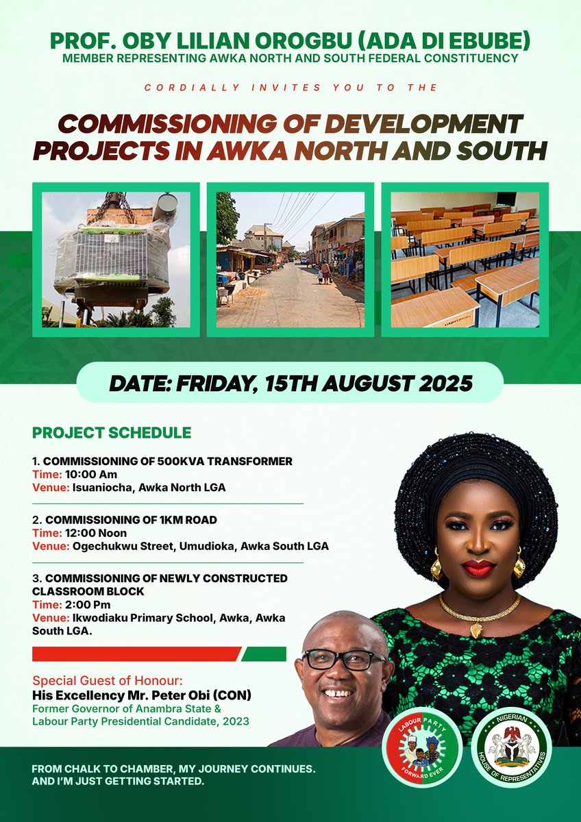 My beloved constituents and friends,  
It is with deep pride and joy that I invite you to join me for the Commissioning of Key Development Projects across Awka North and South. These milestones reflect our shared commitment to progress, empowerment, and a brighter future for our
