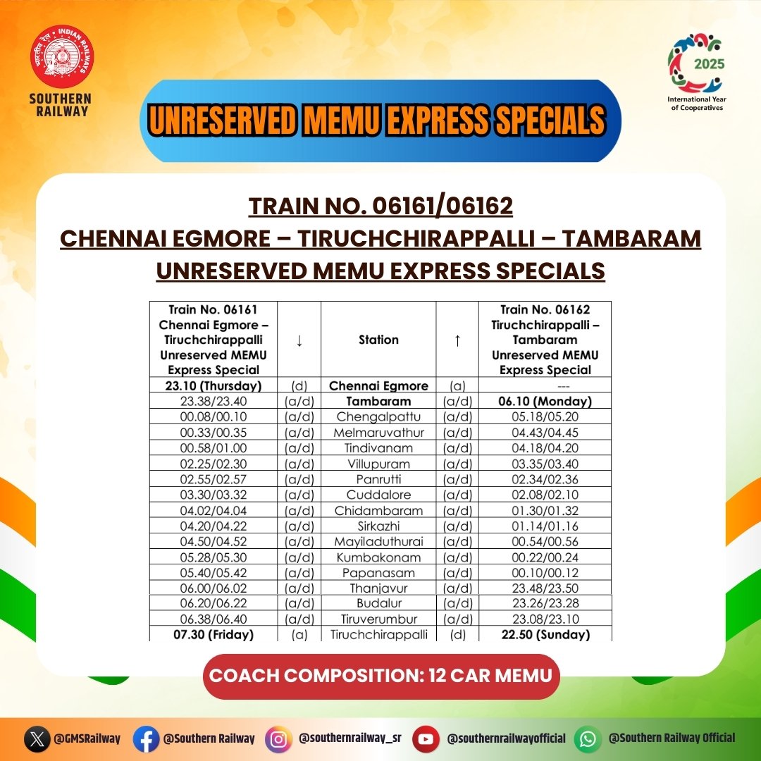 Special train via Kumbakonam 

The Southern railway announced a special train for Independence Day. 

The train will depart from Chennai Egmore at 11.10 PM today.

On Sunday 17.08.2025, the train will depart from Tiruchi at 10.50 PM.

Kindly make use of it.