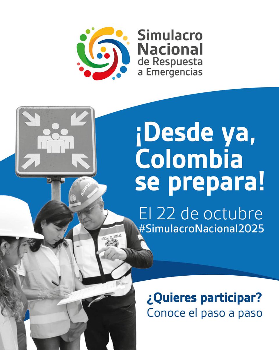 UNGRD's tweet photo. 📣 ¡Colombia se prepara!
El 22 de octubre, a las 9:00 a.m., participa en el Simulacro Nacional de Respuesta a Emergencias 2025.
Desde ya, autoridades, colegios, empresas, hogares y comunidades se preparan para fortalecer la preparación, la coordinación y la respuesta ante emergencias.
Juntos construimos un país más seguro.
Conoce la circular con el ABC del ejercicio  👉🏻 https://t.co/i4N2oSUA49

#SimulacroNacional2025