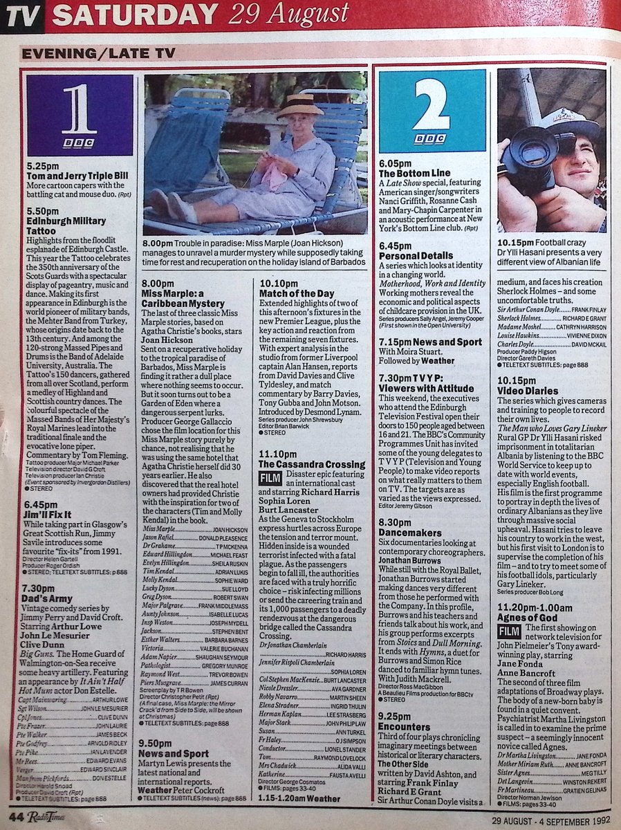 TvDidYouSee's tweet image. #OnThisDay 29 August 1992 📺TV Listings
#JoanHickson is Miss Marple in A CARIBBEAN MYSTERY.
A warehouse fire in a feature length LONDON&apos;S BURNING.
The first episode of anarchic Australian comedy LET THE BLOOD RUN FREE.
#RubyWax&apos;s one woman show WAX ACTS.
Vintage DAD&apos;S ARMY.