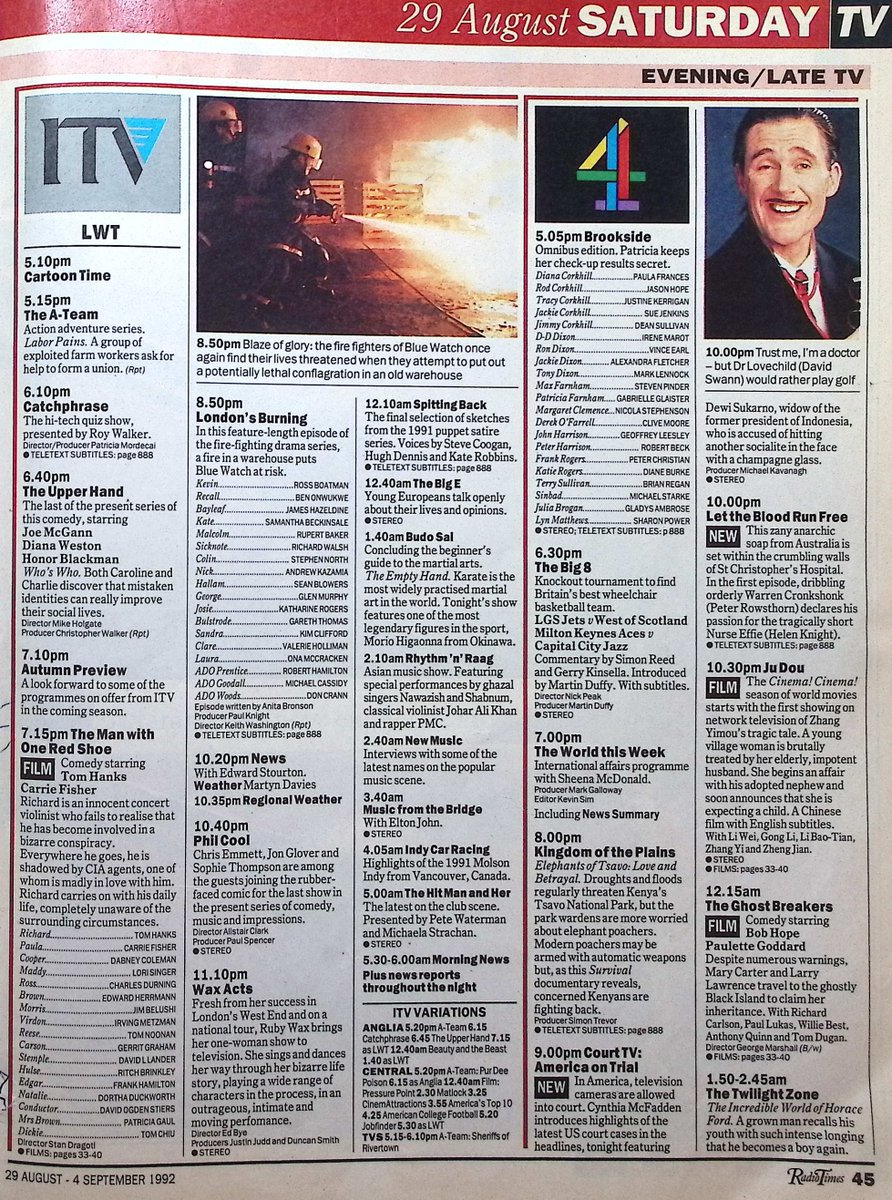 TvDidYouSee's tweet image. #OnThisDay 29 August 1992 📺TV Listings
#JoanHickson is Miss Marple in A CARIBBEAN MYSTERY.
A warehouse fire in a feature length LONDON&apos;S BURNING.
The first episode of anarchic Australian comedy LET THE BLOOD RUN FREE.
#RubyWax&apos;s one woman show WAX ACTS.
Vintage DAD&apos;S ARMY.