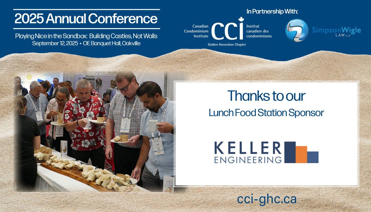 Thank you to Keller Engineering for sponsoring a Food Station at the 2025 GHC-CCI Conference!

From reserve fund studies to building envelope assessments, Keller helps protect the places we live and work. 

#CCIGHC2025 #condoliving #condodirectors #condoconference #oakville