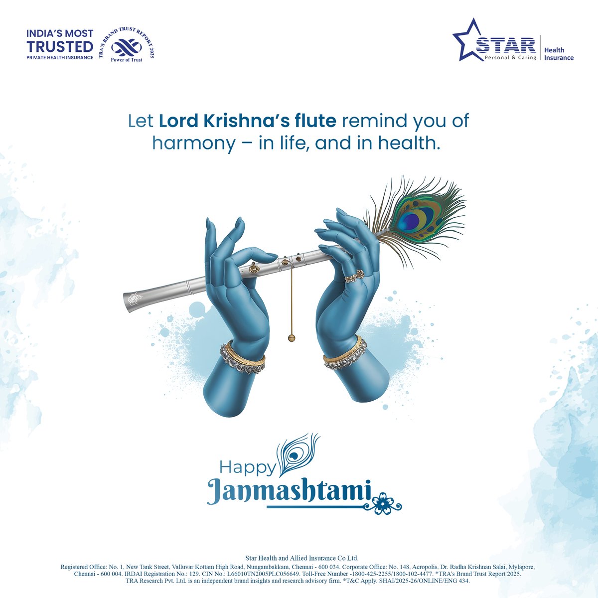 Just as his flute creates perfect harmony, let's strive to find balance in our own lives, especially when it comes to our health. Happy Janmashtami from the Star Health family! #Janmashtami2025 #StarHealth #StarHealthInsurance #HealthInsurance