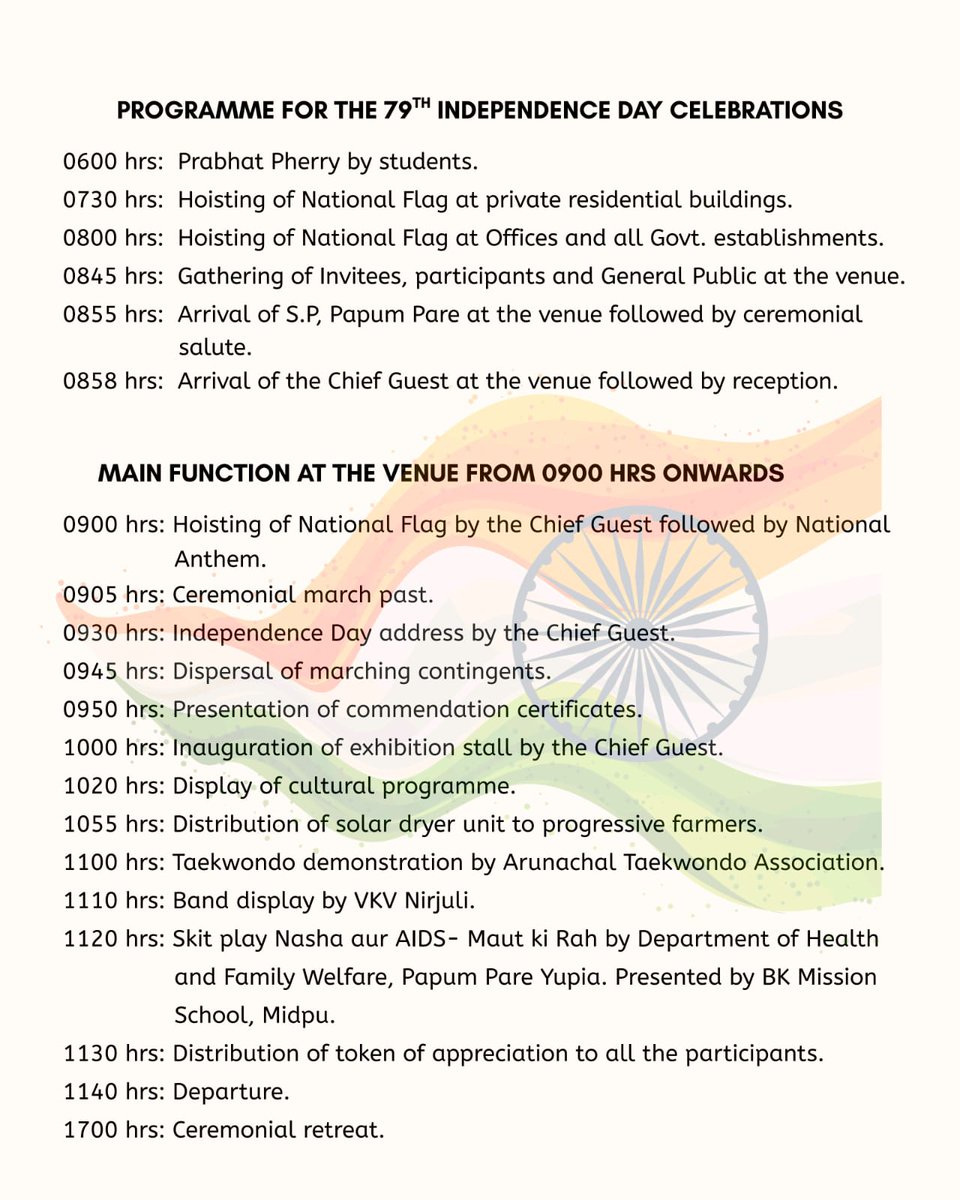DIPRO,Papum Pare (official) (@dipropapumpare) on Twitter photo Papum Pare DC Vishakha Yadav to hoist the National flag at 79th Independence day celebrations at Yupia.
Let us all join the celebrations!!!
<a href="/ArunachalDIPR/">ARUNACHAL IPR</a> Papum Pare DC Vishakha Yadav to hoist the National flag at 79th Independence day celebrations at Yupia.
Let us all join the celebrations!!!
<a href="/ArunachalDIPR/">ARUNACHAL IPR</a>