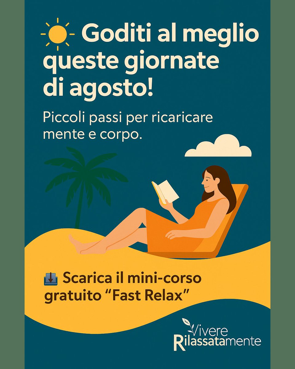 rilassatamente's tweet photo. Agosto: il ritmo rallenta, è il momento di ricaricare mente e corpo.

💡 4 idee semplici:
🔕 Spegni le notifiche
🚶‍♀️ Passeggia con dolcezza
🌬 Respira consapevolmente
📖 Leggi ogni giorno

👉 Report gratuito + mini-corso “Fast Relax”: https://t.co/UedCgwZbif
#benessere  #agosto https://t.co/SgbfMgOmGM