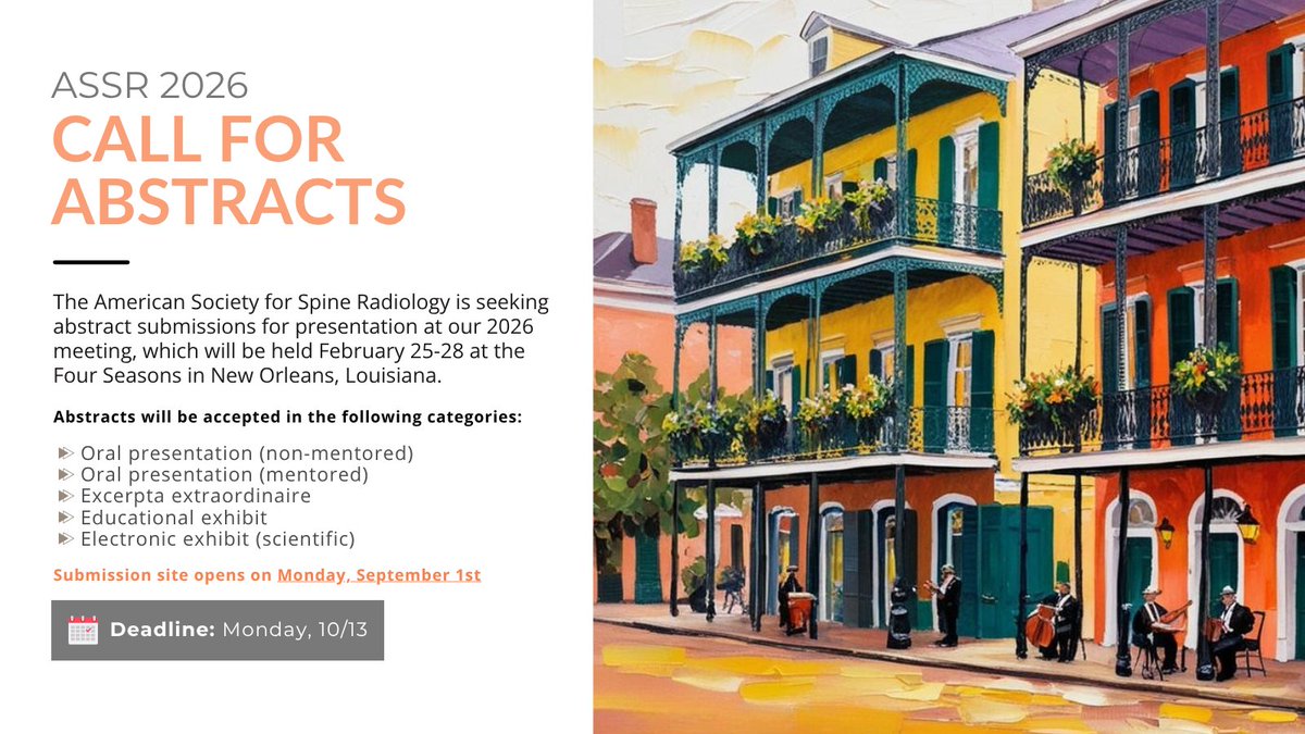 Call for #ASSR26 Abstracts!

Submission site opens on 9/1! Start planning now for your submissions! 

Hope to see you in NOLA Feb 25-28, 2026!

#NeuroRad #SpineRad #neuroadiology #abstracts #research #MedEd