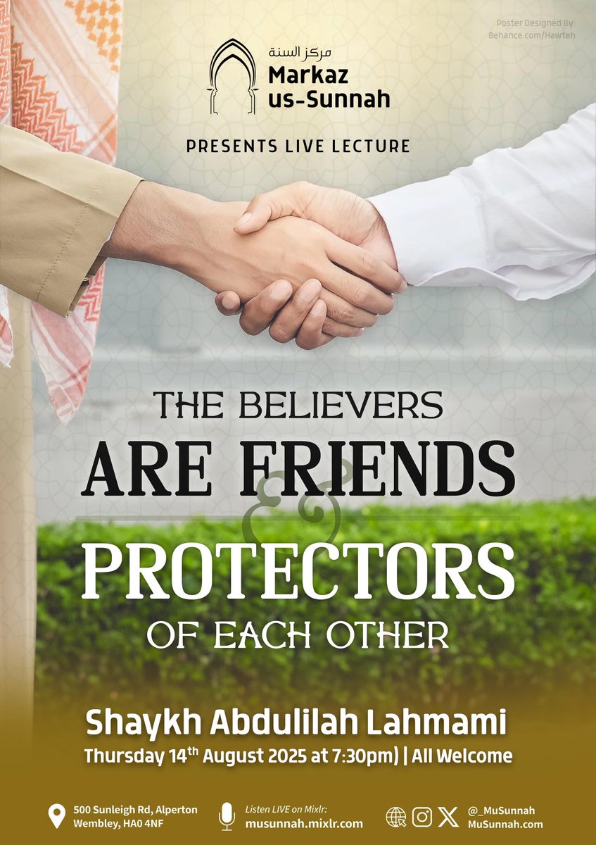 ⚠️ Our '𝗨𝘀𝗼𝗼𝗹-𝗨𝘀-𝗦𝘂𝗻𝗻𝗮𝗵 𝗼𝗳 𝗜𝗺𝗮𝗺 𝗔𝗵𝗺𝗮𝗱' class is cancelled today.

We advise everyone to go and benefit from Shaykh <a href="/Abdulilah_UK/">Dr. Abdulilah Lahmami</a> who will be with our brothers at <a href="/_MuSunnah/">Markaz us-Sunnah</a> delivering a talk titled "𝑻𝒉𝒆 𝑩𝒆𝒍𝒊𝒆𝒗𝒆𝒓𝒔 𝑨𝒓𝒆 𝑭𝒓𝒊𝒆𝒏𝒅𝒔 𝒂𝒏𝒅