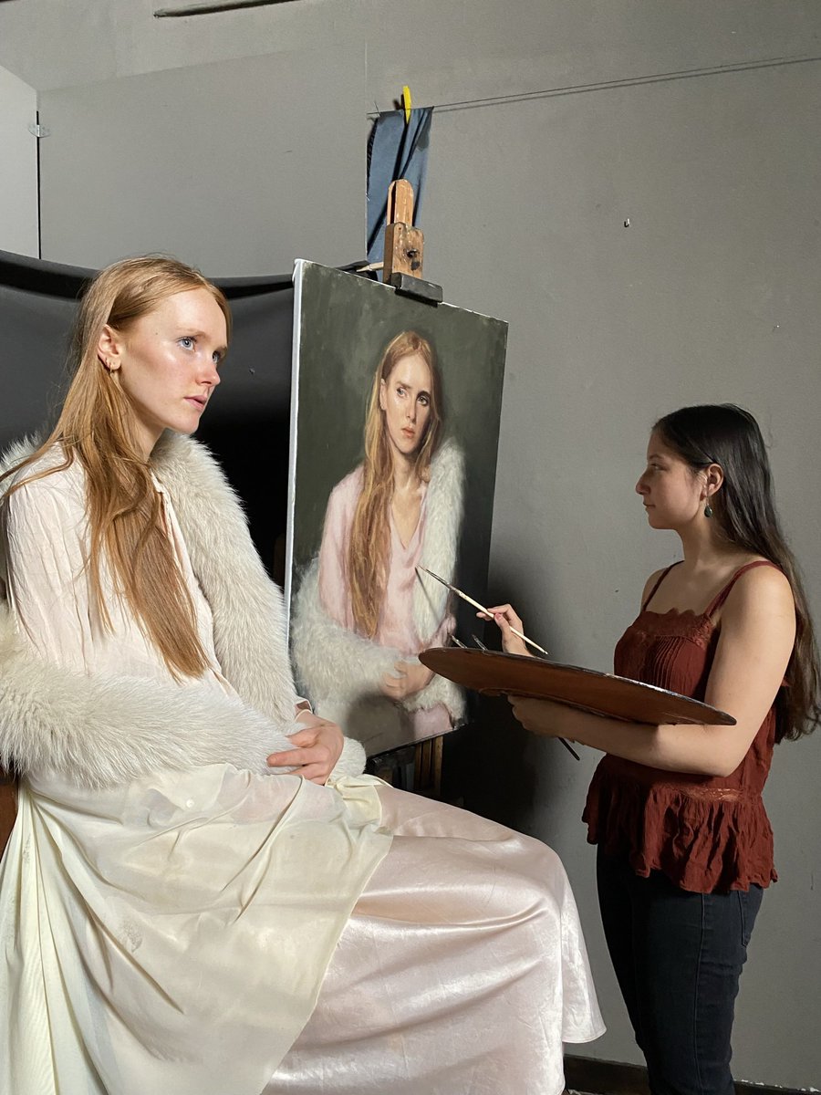 NoChantalQui's tweet photo. Portrait session from sometime in 2022? Sight-size is my preferred way of painting from life. Images of Sargent, Tarbell and de Lazlo painting in the same way. #art #painter #model #sightsize #bostonschool #realism #portrait https://t.co/7681TtcguS