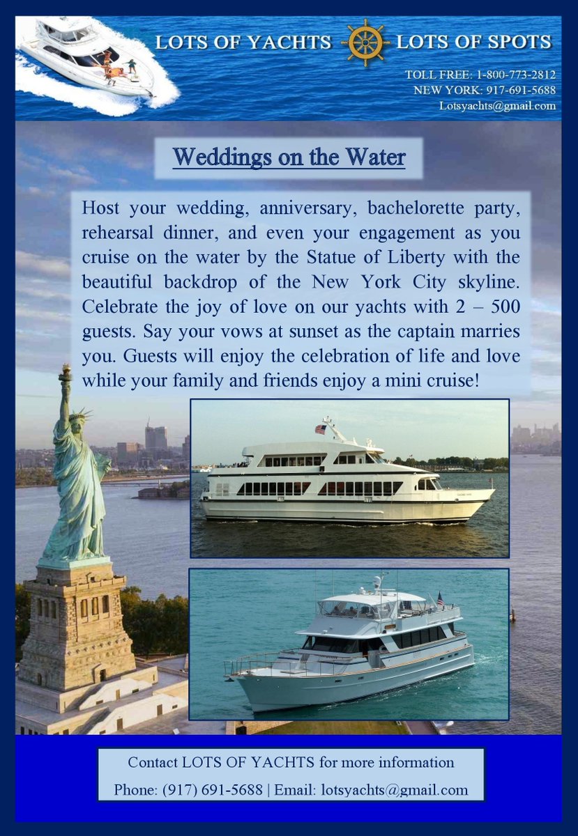 LotsofYachts1's tweet photo. Plan your perfect wedding with Lots of Yachts / Lots of Spots! Cruise aboard a luxury yacht as you say your vows with family and friends!
#wedding #destinationwedding #yacht #newyork #nyc #boating #yachtcharter #boatrental https://t.co/PhRMKZ3cm9