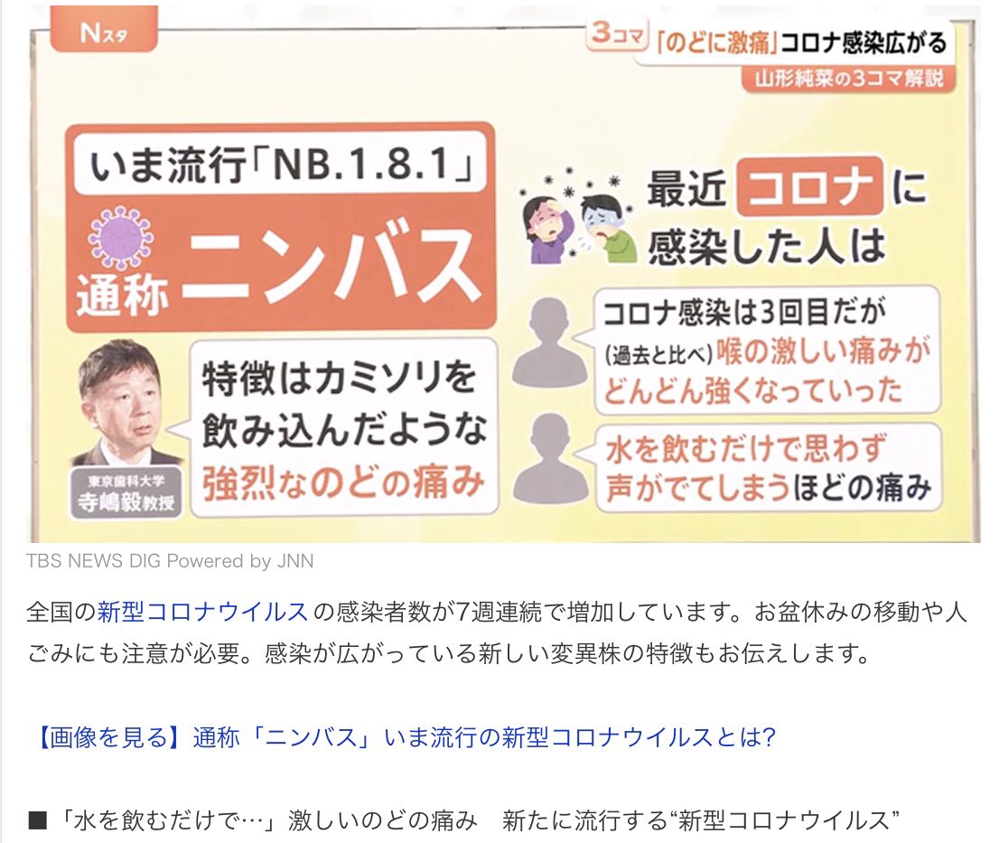 新型コロナ感染 7週連続で増加、いま流行の変異株「ニンバス」…特徴は「強烈な喉の痛み」【Nスタ解説】

最近話題のニンバス株（NB.1.8.1）のどの痛みが“カミソリ飲み込んだみたい”って聞いて震えた…🥶
水を飲むだけで声出るほど痛いとかマジで勘弁…。