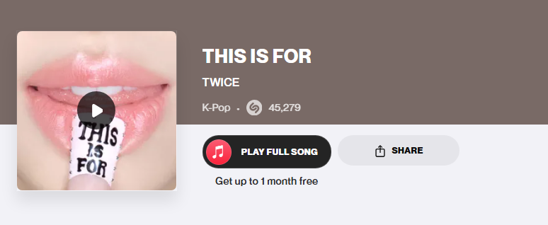 ONCESTREAMTWICE's tweet photo. THIS IS FOR hit 45,000 Shazams, one of our re-comeback goals achieved! ๐
Next stops: 50,000 and 100,000!
๐ https://t.co/rPqCFim2UD
THIS IS FOR TWICE
#ThisIsForIsBack
#ThisIsForRe_Comeback https://t.co/H3gttQS0mp