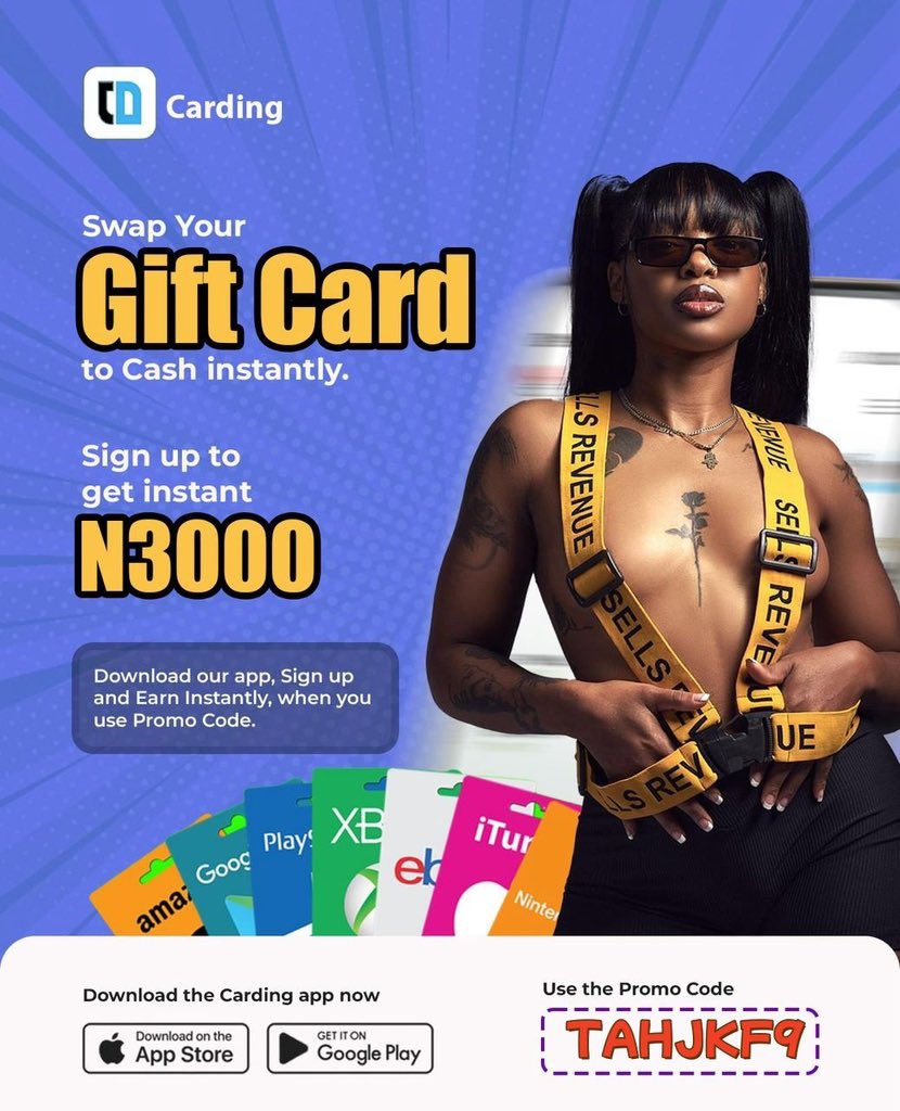 Giveaway Alert!! 🚨 Download carding app &amp; sign up 

🎉 Use promo code: *TAHJKF9* &amp; get free 3,000 naira on your wallet.

Like, Retweet &amp; Send screenshots of wallet once done to be credited! 💰💰
👉 Playstore
play.google.com/store/apps/det…
👉 App Store
apps.apple.com/ng/app/carding…
