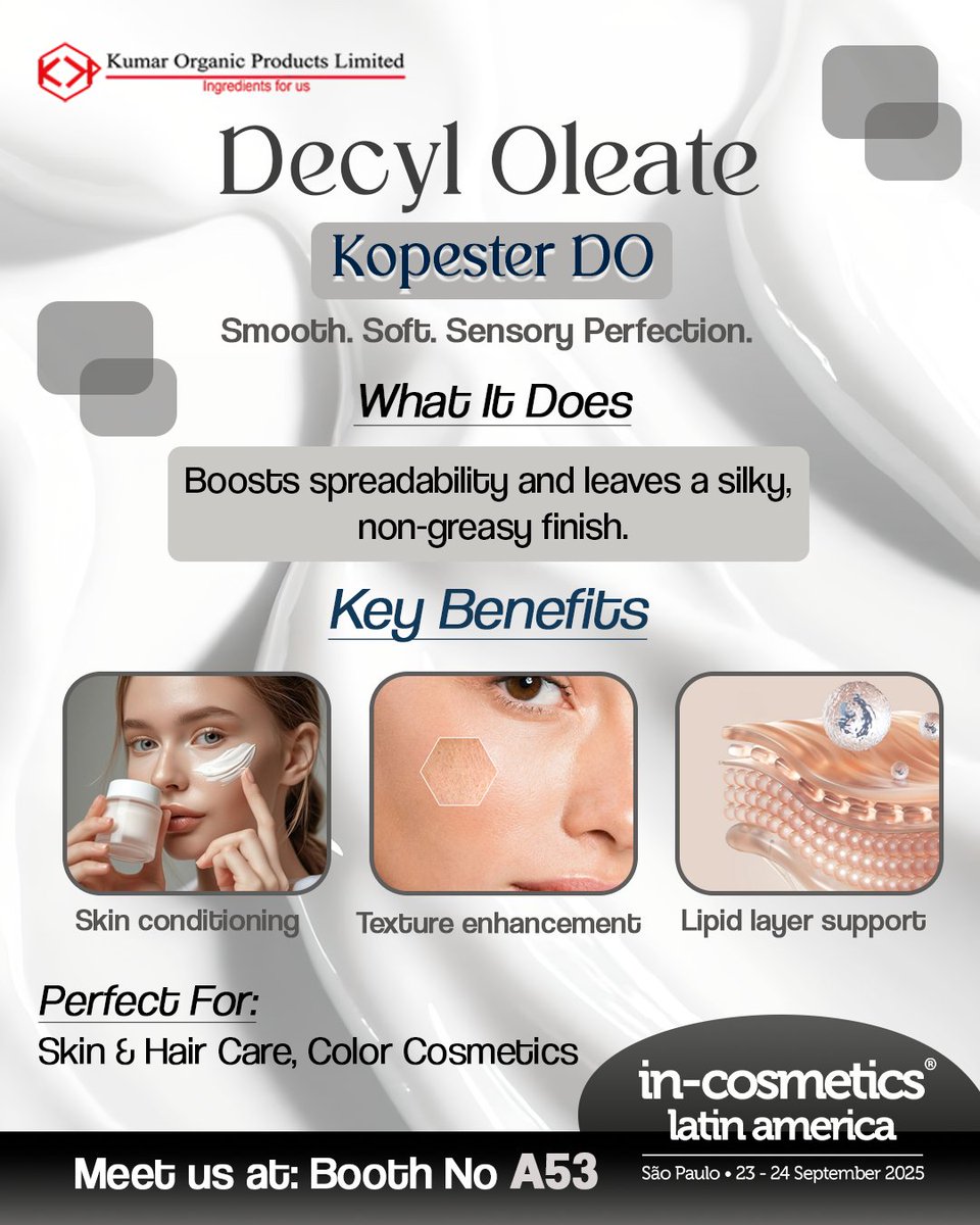 KumarOrganic's tweet photo. Smooth. Silky. Science-backed.
Kopester DO (Decyl Oleate) is the secret to luxurious skincare, haircare & makeup formulations.
๐ก Usage: 0.5โ5%
๐ฟ Lightweight moisturizer | Superior spreadability
#KopesterDO #DecylOleate #CosmeticScience #FormulationInnovation https://t.co/auSUTJuF5c