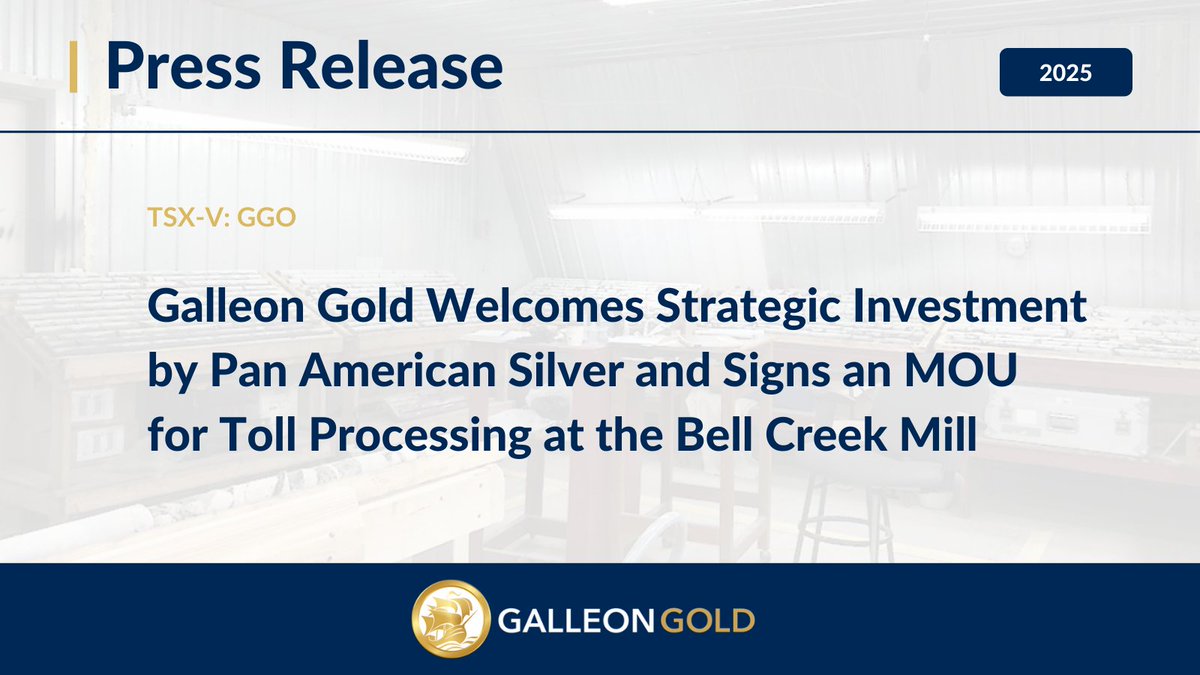 Galleon Gold Welcomes Strategic Investment by Pan American Silver and Signs an MOU for Toll Processing at the Bell Creek Mill
galleongold.com/news/galleon-g…

TSX-V: $GGO
#Gold #Au #Mining #MiningNews #News
