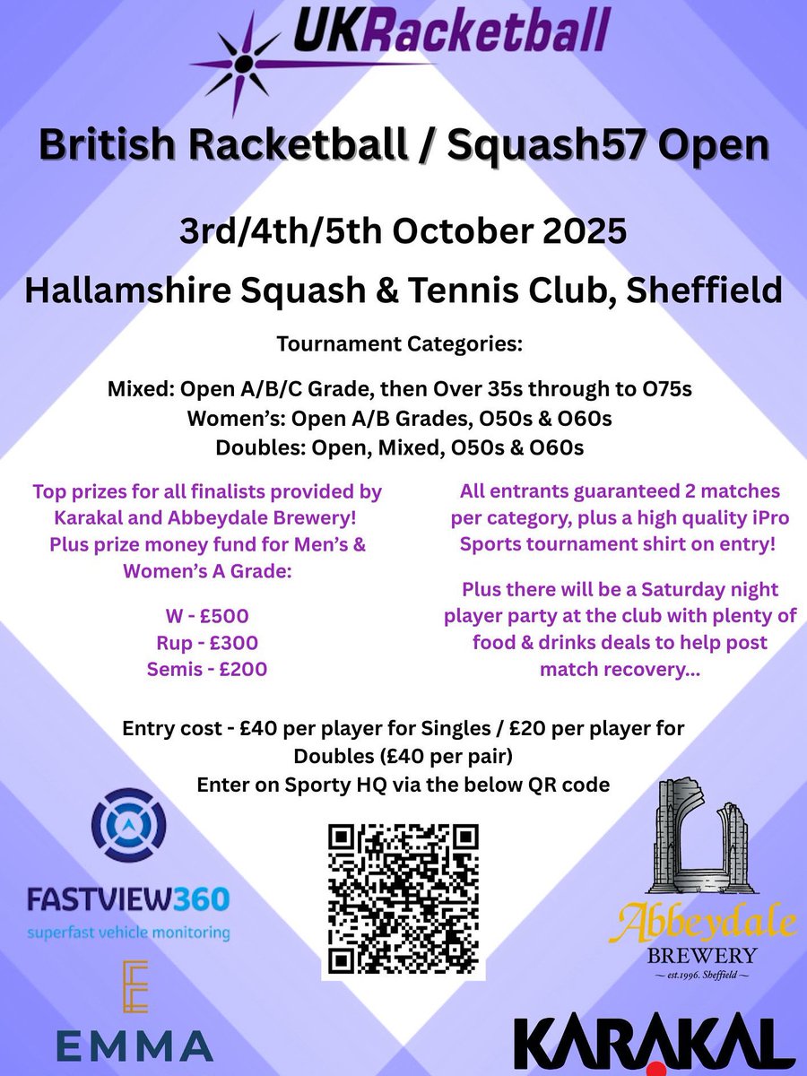 British Racketball / Squash57 Open 2025 <a href="/Hallamshire/">Hallamshire T & SC</a> - entries are open so get your name down!

Great prize money for Men’s &amp; Women’s A Grades plus a whole host of other prizes across the other draws courtesy of our generous sponsors. 

Entry via - sportyhq.com/tournament/vie…