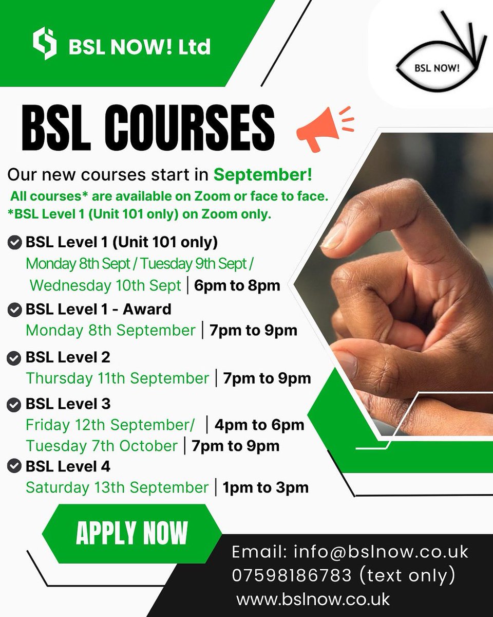 🎉 New BSL courses start September ! Learn this beautiful way to communicate.
📅 Levels 1–4 | Online or face-to-face
💷 From £160 (exam incl.)
📩 info@bslnow.co.uk | 
07598 186783(text only)
🌐 bslnow.co.uk
#BSL #signlanguage #deafcommunity