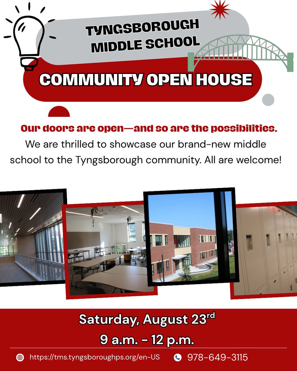 Our doors are open! Join us on Saturday August 23rd from 9am-12pm for an open house for our brand new middle school! All Tyngsborough community members are welcome! 

We can’t wait to see you there! #tpsprepares
