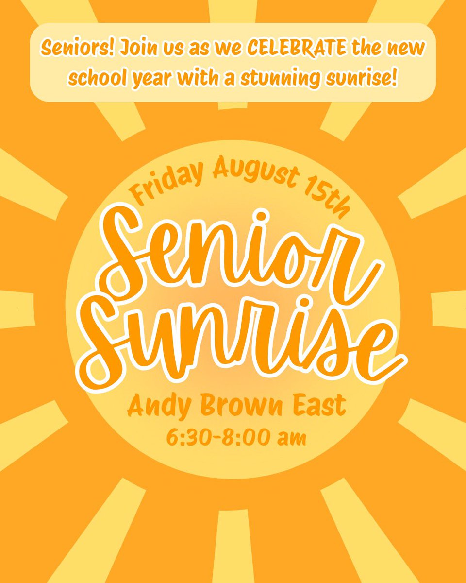 SENIORS!!! Join us August 15th for our Senior Sunrise 6:30-8:00 am at Andy Brown East! Celebrate the new school year with a stunning sunrise! #NTHClegacy #seniorsunrise #firstdayback