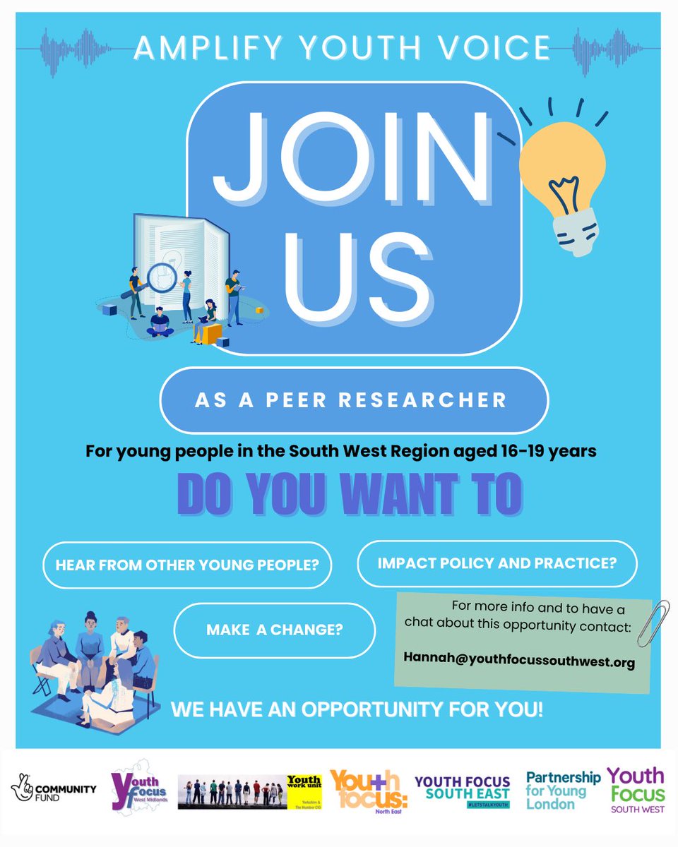 focus_sw's tweet photo. 🗣️Aged 16-19 years?
↙️ Live in the South West Region?
👥 Experience of youth work?
📣Interested in peer research? 
🙌🏽 Interested in young peoples voices?

Register through the QR code for an informal interview! 
hannah@youthfocussouthwest.org for more information. 

#amplify https://t.co/BjAr2B7ILo