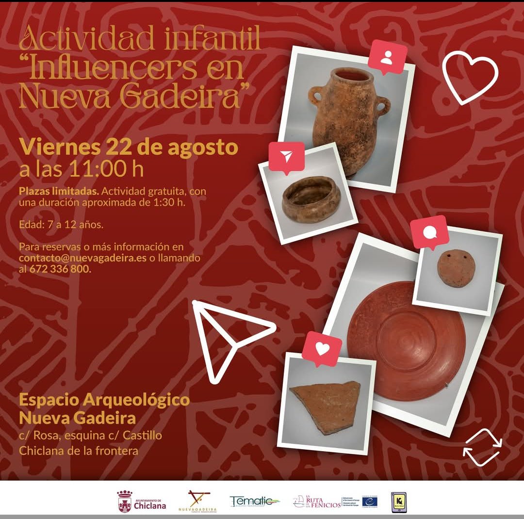 🗓️ #Viernes 22 de #agosto.
⏰11:00 h.
⌛Duración aproximada: 1 h 30 min.
🧒🏽👧🏾 Entre 7-12 años.
📍 Espacio Arqueológico Nueva Gadeira.
💰 Gratuito.
- Reserva:
📩contacto@nuevagadeira.es 
📱672 336 800.
🚨 Plazas limitadas.

#NuevaGadeira #ChiclanadelaFrontera #Cádiz #Andalucía