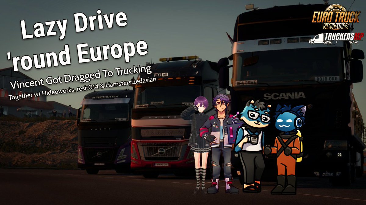 VNNZ16's tweet photo. AND WE ARE LIVE~!

Join me, @hide0works, @resir014, and @hamsterszdasian as we have a lazy drive around Europe in TruckersMP~!

Come and join!

https://t.co/kMiS2Uk21w

#VTuberID #ENVTuber #LGBTuber #ElvenVtubers #VTuber #PluralTuber #PluralStreamers #DVLSINC #MortemHearts https://t.co/2vbyQDXPKP