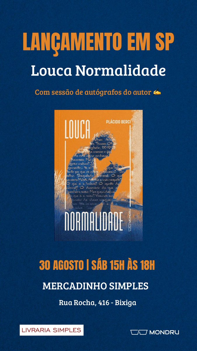 Saiu a data e o local do lançamento em São Paulo do meu novo livro, o primeiro romance, Louca Normalidade! 

Dia 30 de agosto, sábado, das 15h às 18h, no Mercadinho Simples, Rua Rocha, 416, Bixiga. 

Te espero lá pra um abraço!