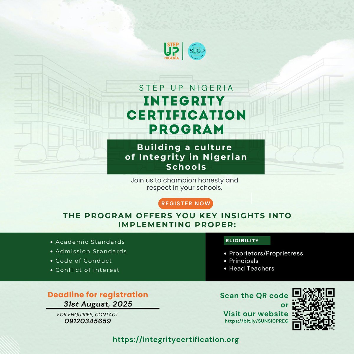 Do you want to enhance your school's integrity standards? Would you like your school to be recognized for promoting a strong culture of integrity?

If so, consider this perfect opportunity for your institution.

The Step Up Nigeria Integrity Certification Program provides