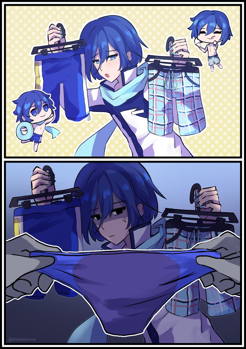 thekaitolover's tweet photo. Kaito asks Master to choose him a swimsuit. https://t.co/lDDojvYr4a