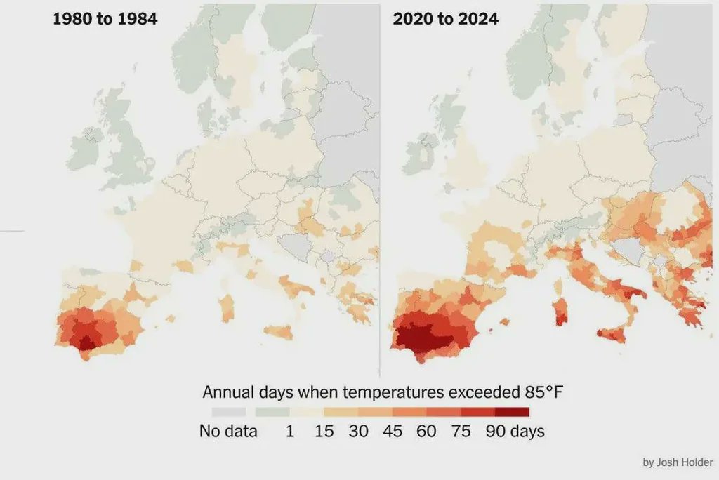 Rainmaker1973's tweet photo. Number of days per year when temperatures exceeded 30ºC (85°F) in Europe

[🗾 Josh Holder] https://t.co/8TdSQPnNZP
