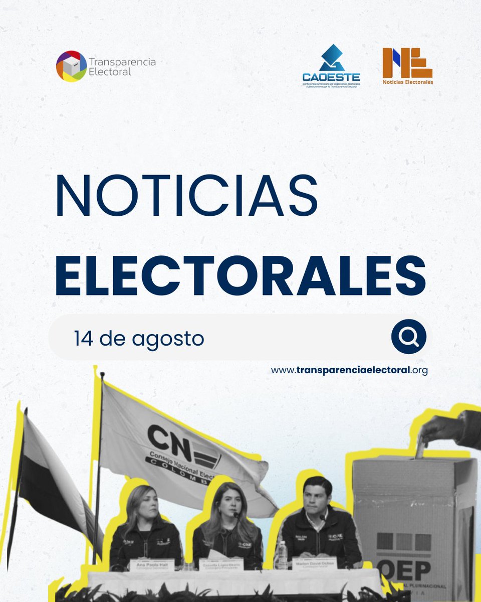 🗳️🌎 NOTICIAS ELECTORALES | 14 de agosto

📰 Estás son las tres noticias clave del día de hoy:

1️⃣ TSE aclara que votos nulos o blancos no invalidan las elecciones de Bolivia.
2️⃣ El CNE de Honduras recepciona ofertas por el sistema TREP.
3️⃣ Colombia sortea ubicación de listas en