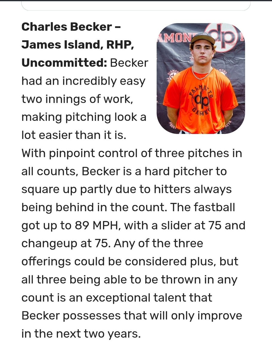Becker2027's tweet image. Thanks @diamondprospect for the write-up. All 3 pitches on display in 🎥  ⬇️ Hit 89mph a few times. In July &amp;amp; August had 9IP, 4HA, 13Ks, 1ER. @JamesIslandBase @Trev0r8 @PanthersProgram @RPP_recruiting @s_sharf @VHurley18 @coachcorywelch @jgilreath9 
@PG_Coastal @AndrewAmato27