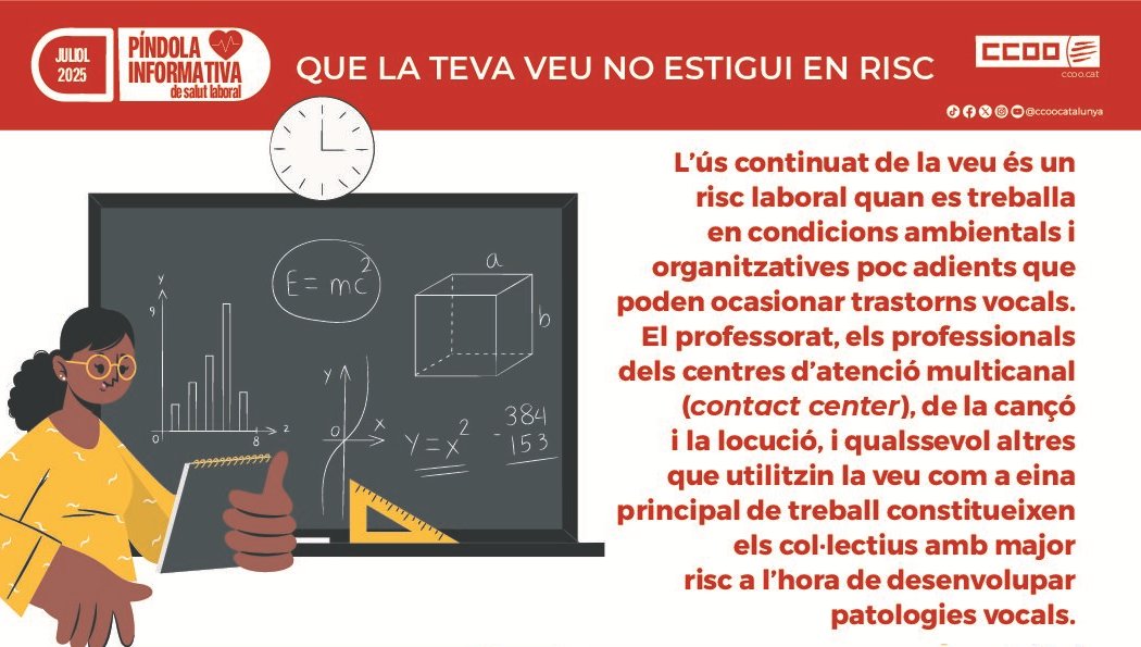💊🗣️L’ús continuat de la veu és un risc laboral en moltes professions que requereix de mesures preventives com:

- Controlar les condicions ambientals 
- Fer pauses i adaptar els ritmes de treball
- Sistemes d'amplificació de la veu
- Veure aigua

Més ℹ️  ja.cat/KGsm3