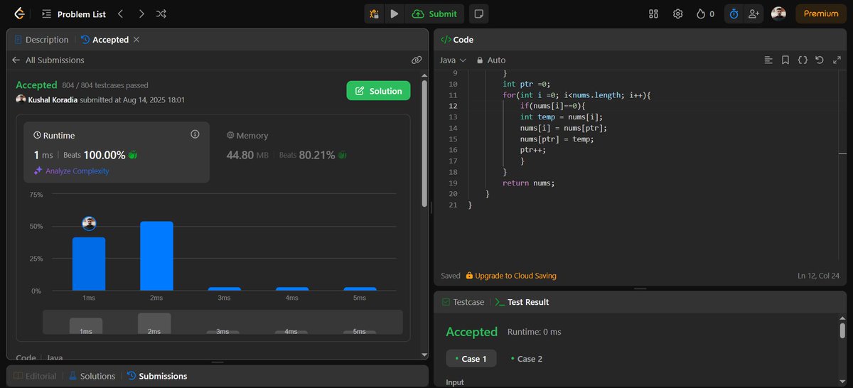 Kushal_Koradia's tweet image. ✅ Day 81 of #100DaysOfDSA
📍LC 3467: Transform Array by Parity → toggled evens→0, odds→1; 2 versions — O(n log n) & O(n) 💯 runtime 🚀
📍LC 2460: Apply Ops to Array → merged equal adjacents, shifted non-zeros in O(n)
#Array #TwoPointer #Sorting #100DaysOfCode