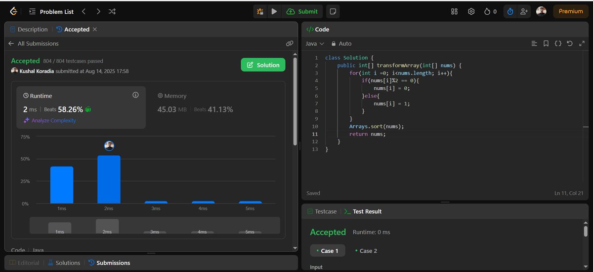 Kushal_Koradia's tweet image. ✅ Day 81 of #100DaysOfDSA
📍LC 3467: Transform Array by Parity → toggled evens→0, odds→1; 2 versions — O(n log n) & O(n) 💯 runtime 🚀
📍LC 2460: Apply Ops to Array → merged equal adjacents, shifted non-zeros in O(n)
#Array #TwoPointer #Sorting #100DaysOfCode