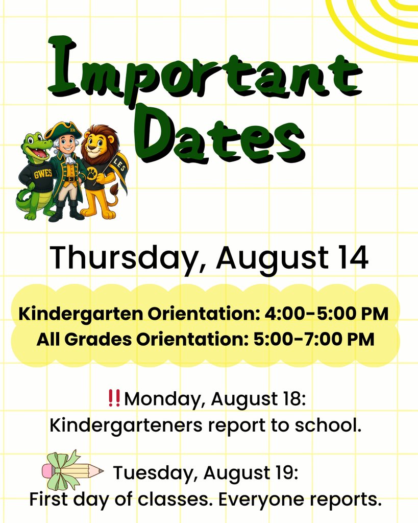 📢 Reminder for Families!
Tonight is Orientation Night at all three of our elementary schools! 🎉

🧸 Kindergarten Only: 4–5 PM
📚 All Grades: 5–7 PM

We can’t wait to see our students and families as we get ready for a fantastic school year! 💙🍎