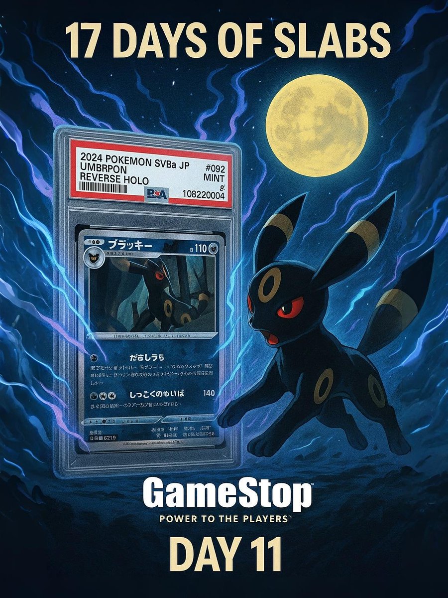 DAY 11 – 🖤🌙 Umbreon Power Unleashed!

Today’s card: 2024 Pokémon Japanese SV8a #092 Umbreon (Reverse Holo) – PSA 9

How to enter:
❤️ Like this post
🔁 Retweet
💬 Tag a friend who’d try to battle Umbreon in the dark (and lose)

Ends midnight tonight (UK time) ⏰ – Winner