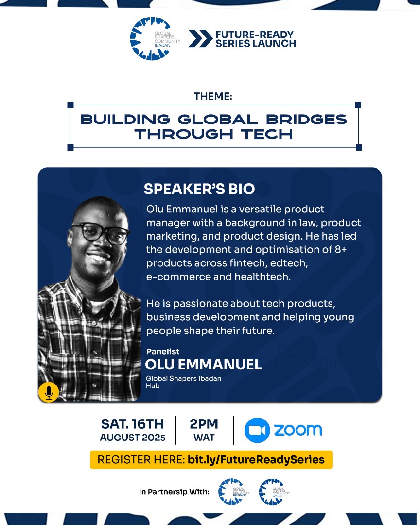 What happens when you bring together visionaries from across the globe, each shaping the future in bold ways? 

Meet the powerhouse panel for the Future-Ready Series.

📌 Swipe to see why you can’t miss it.

📅 16 Aug 2025 | 🕑 2PM WAT
🔗 bit.ly/FutureReadySer…

#GlobalShapers